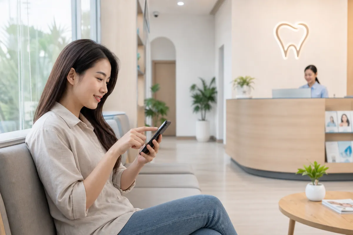Khách hàng dùng điện thoại tìm thời gian đặt lịch nha khoa